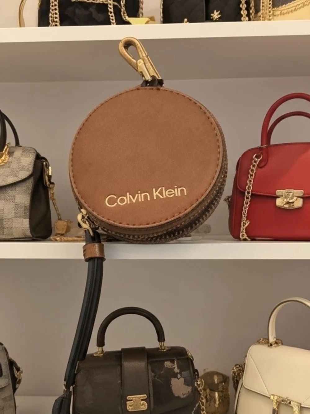 Calvin Klein Brown Round Leather Zip Key & Card Holder
